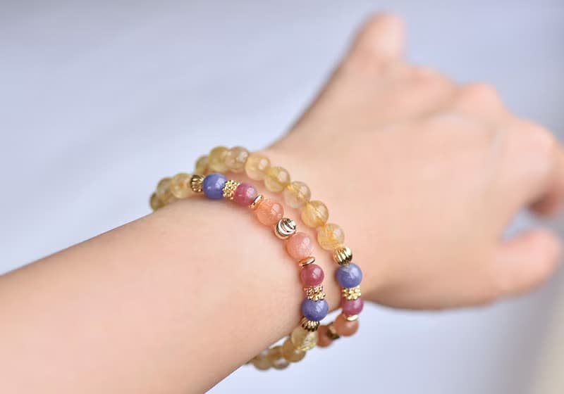 橘太陽石+丹泉石+桃紅碧璽+鈦晶鍍金水晶手鍊