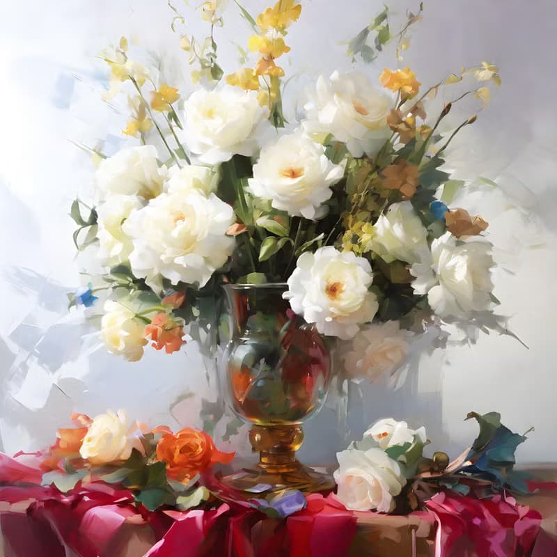 【數位】Canvas Hand Painted Bouquet of Flowers, Oil Painting, Acrylic Painting