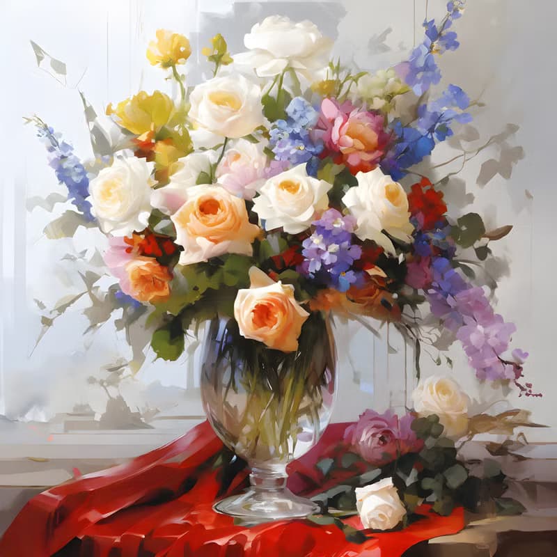 【數位】Canvas Hand Painted Bouquet of Flowers, Oil Painting, Acrylic Painting