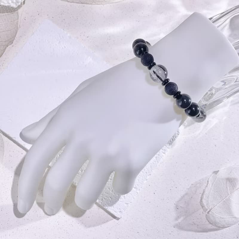 黯夜守護者 金運石|雷公墨隕石|黑髮晶|黑曜石|水晶手鍊A14-2