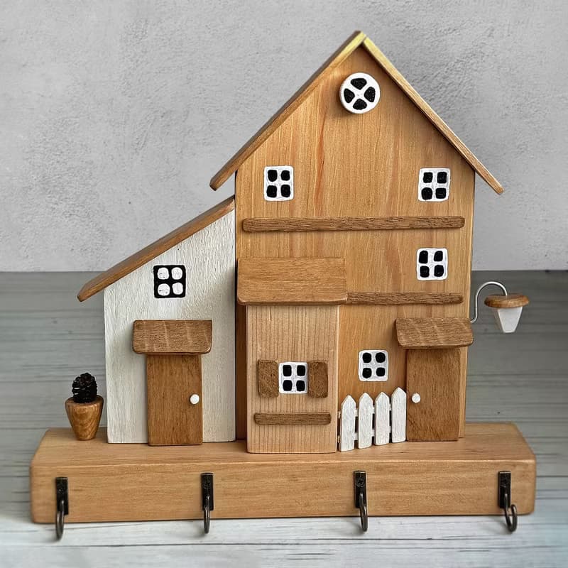 Wood Key Holder with 2 Houses 4 Hooks for Entryway Kitchen Hallway Office