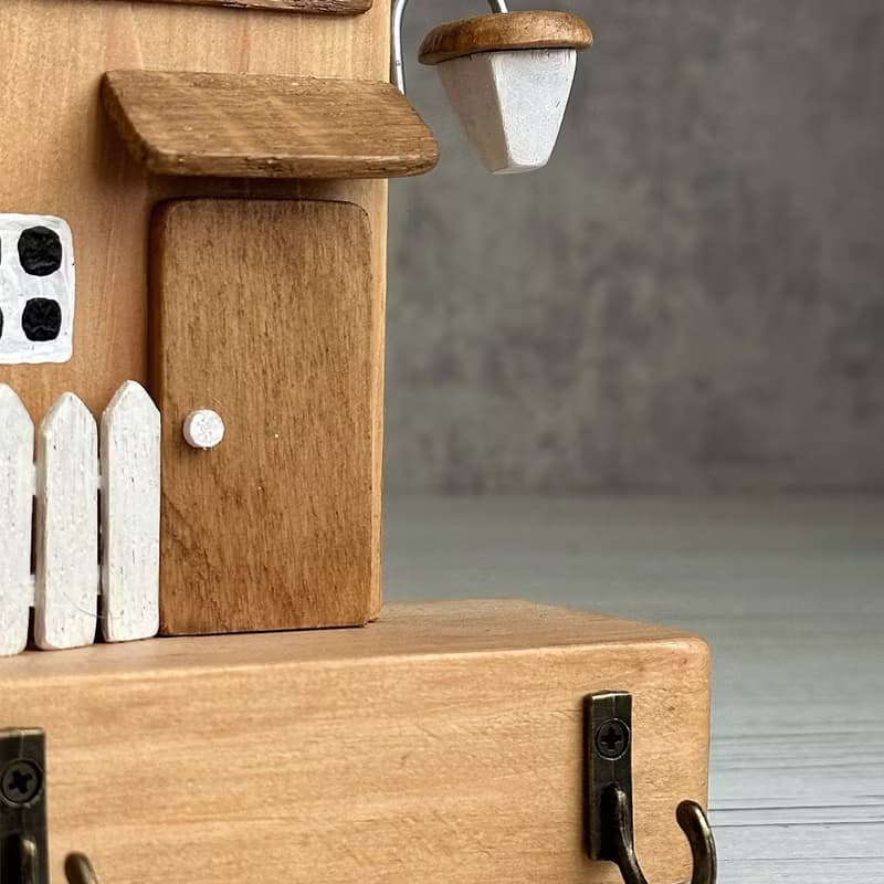 Wood Key Holder with 2 Houses 4 Hooks for Entryway Kitchen Hallway Office