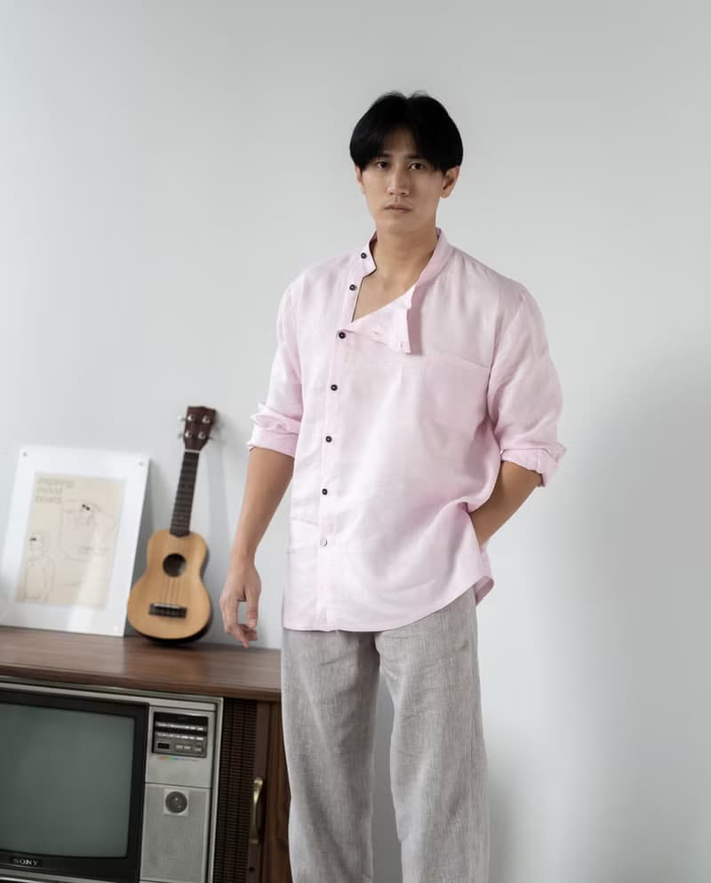 Blue & J Natural Linen Black Buttons Mandarin Right Align Collar Shirt - Pink