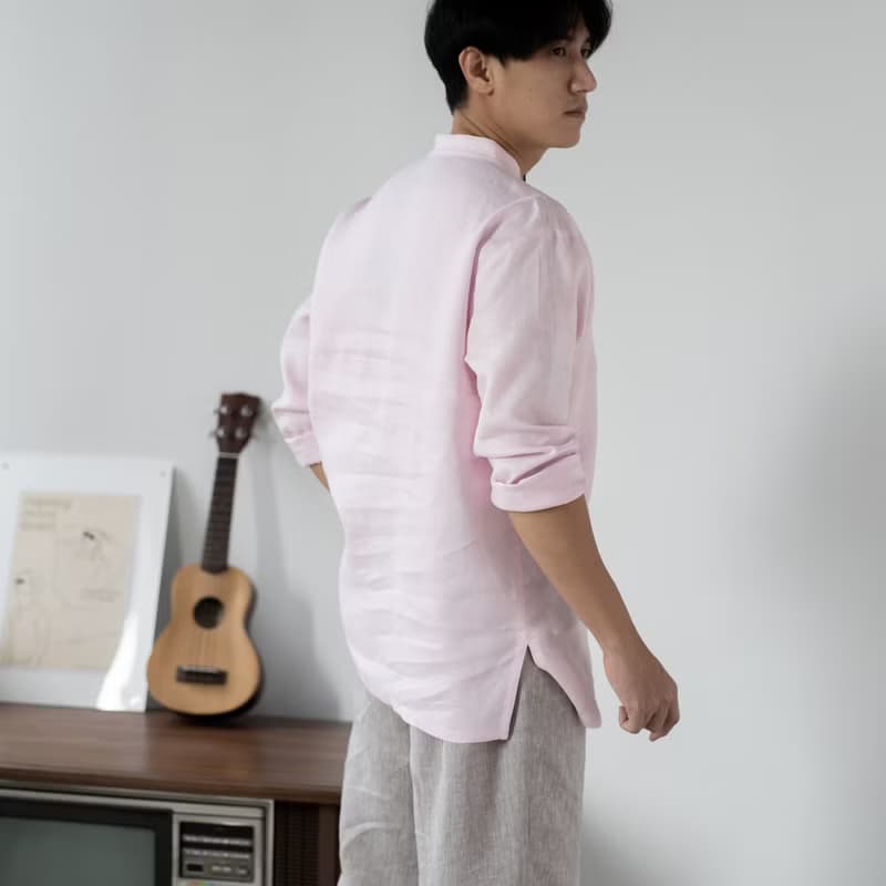 Blue & J Natural Linen Black Buttons Mandarin Right Align Collar Shirt - Pink