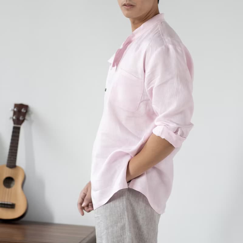 Blue & J Natural Linen Black Buttons Mandarin Right Align Collar Shirt - Pink