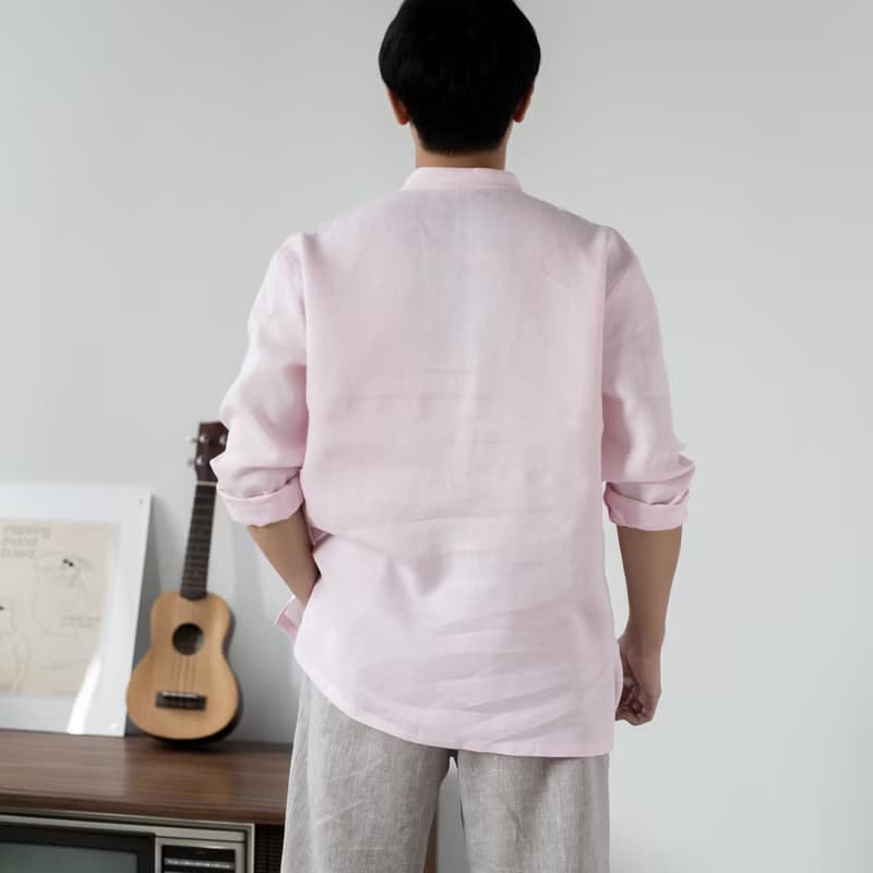 Blue & J Natural Linen Black Buttons Mandarin Right Align Collar Shirt - Pink