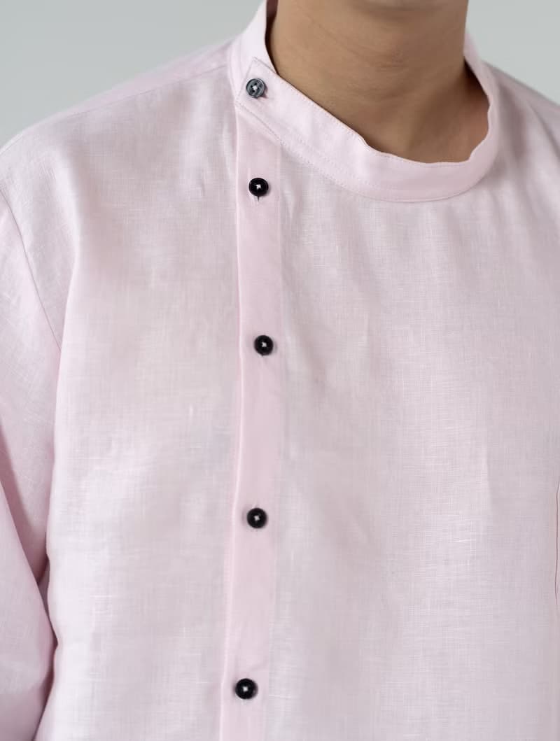Blue & J Natural Linen Black Buttons Mandarin Right Align Collar Shirt - Pink
