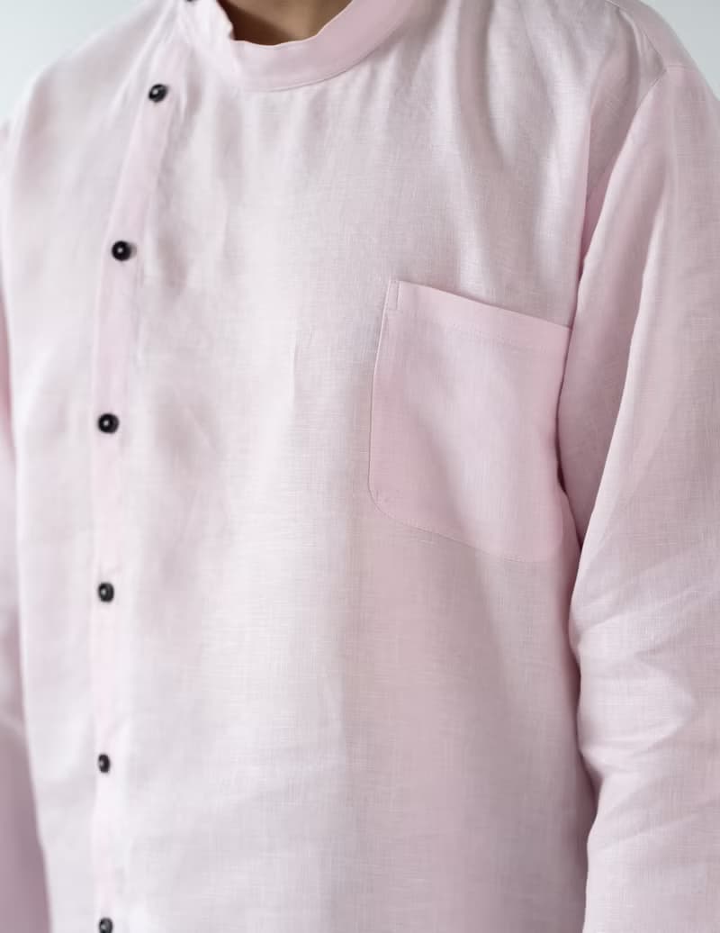 Blue & J Natural Linen Black Buttons Mandarin Right Align Collar Shirt - Pink