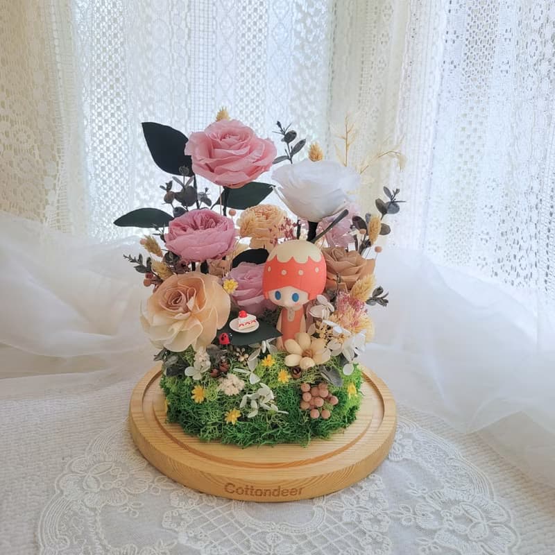 隱藏版花園野餐永生玫瑰玻璃球罩盅。擺飾。附包裝。禮物