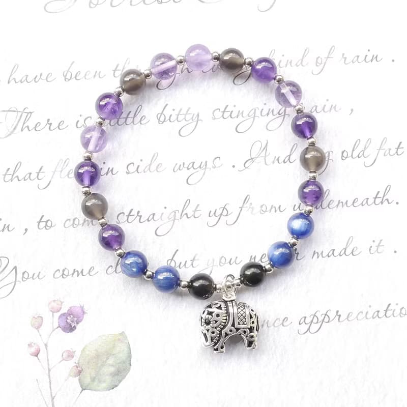 金曜石 紫水晶 黑曜石 藍晶石 6MM 純銀大象天然石手鍊