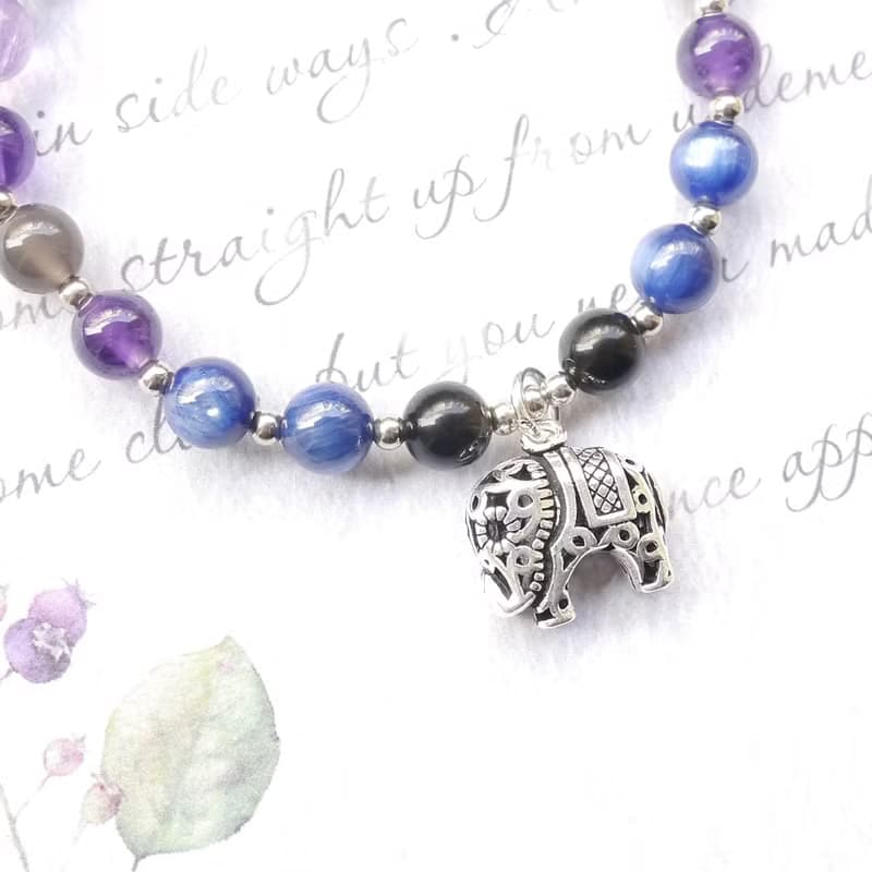 金曜石 紫水晶 黑曜石 藍晶石 6MM 純銀大象天然石手鍊