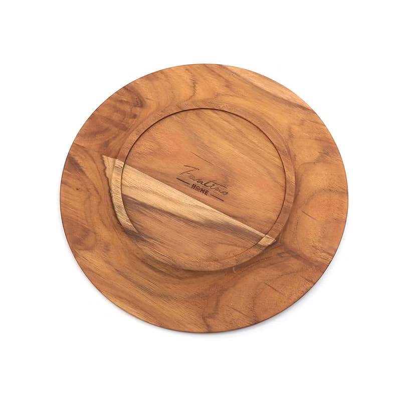 無深度)天然柚木圓型餐盤S號-條紋款│22cm不上漆原木製 露營野餐
