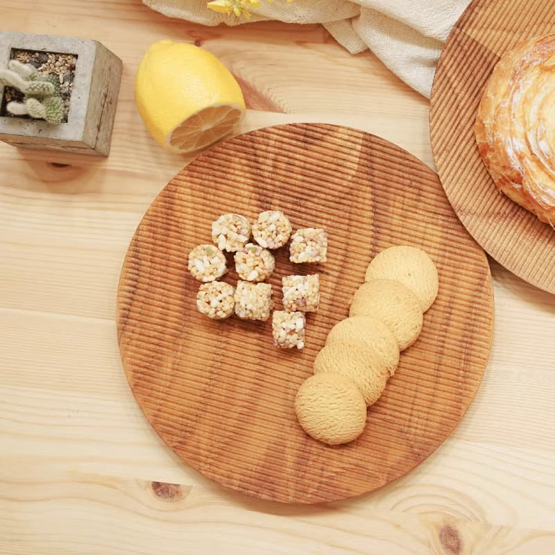 無深度)天然柚木圓型餐盤S號-條紋款│22cm不上漆原木製 露營野餐