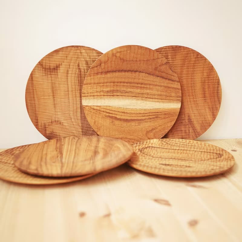無深度)天然柚木圓型餐盤S號-條紋款│22cm不上漆原木製 露營野餐