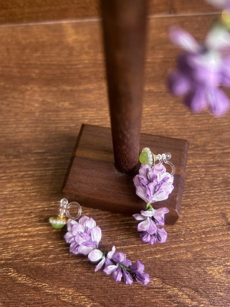 (紫藤 2024) 和風布花 花串耳環/耳夾 つまみ細工