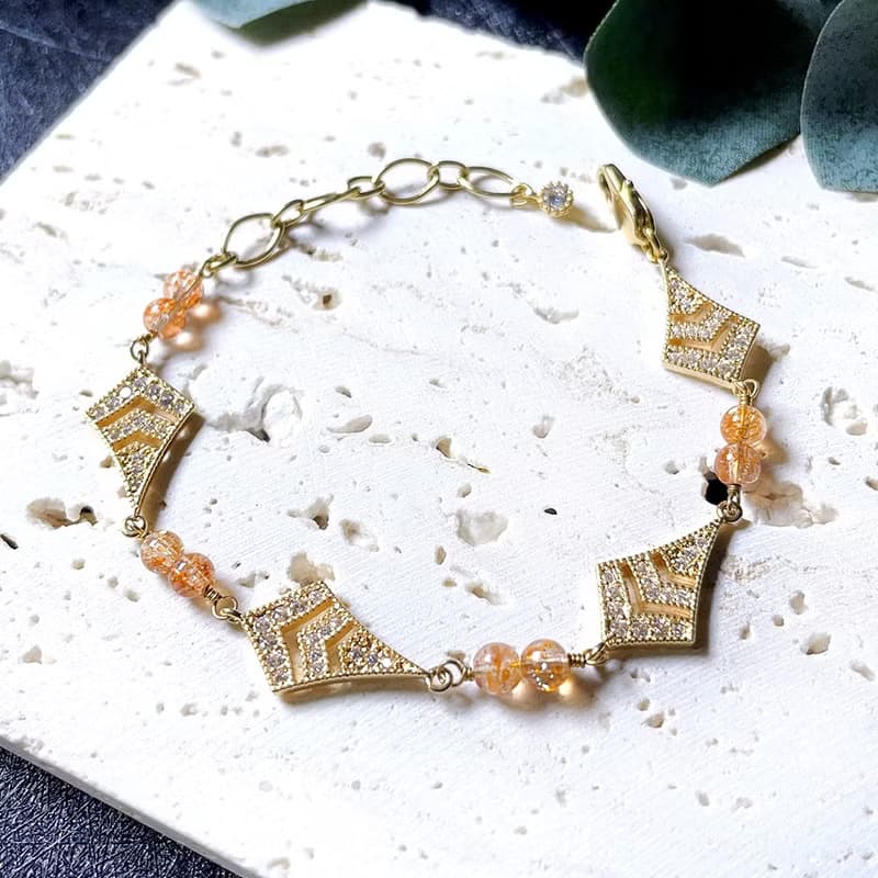 VIIART。橙花扇。金太陽石鋯石黃銅厚鍍K金ART DECO復古手鍊