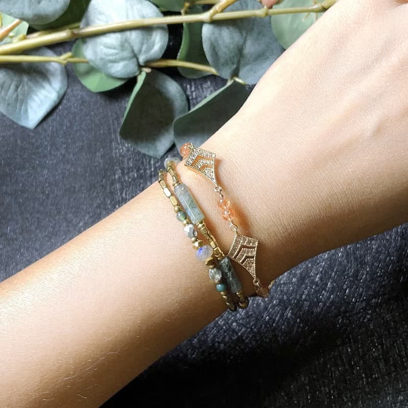 VIIART。橙花扇。金太陽石鋯石黃銅厚鍍K金ART DECO復古手鍊