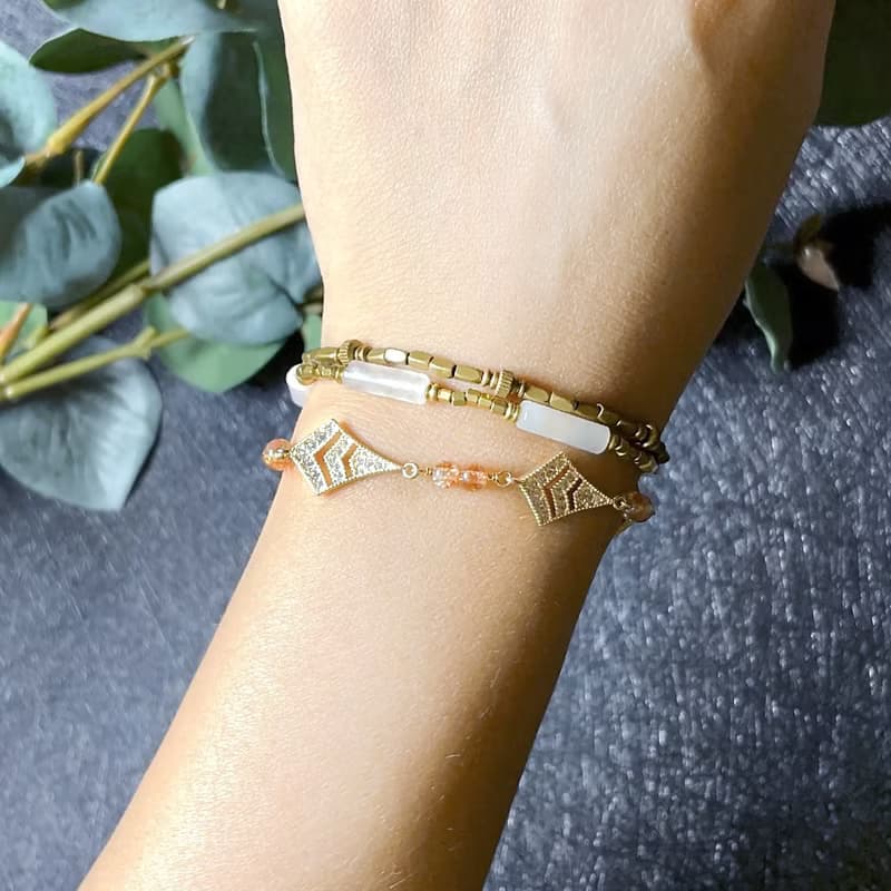 VIIART。橙花扇。金太陽石鋯石黃銅厚鍍K金ART DECO復古手鍊