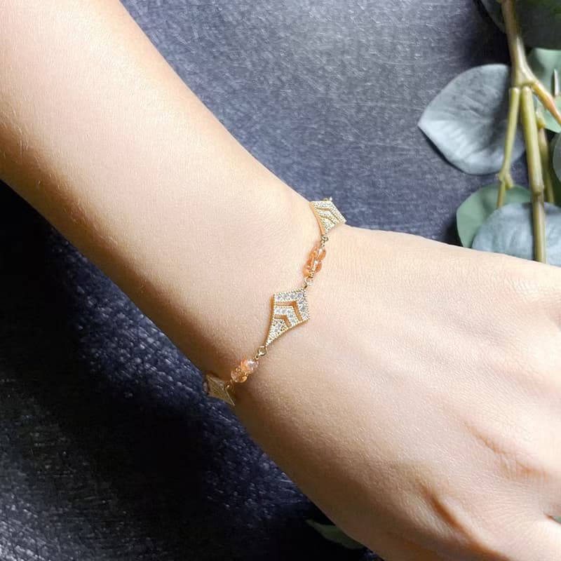 VIIART。橙花扇。金太陽石鋯石黃銅厚鍍K金ART DECO復古手鍊