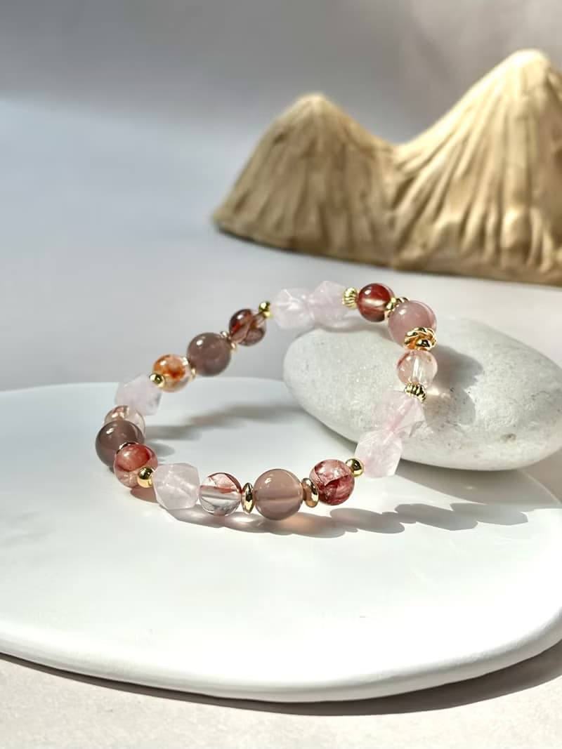 粉水晶、紅膠花、煙紫瑪瑙天然水晶手鍊/ 好運招財、好人緣