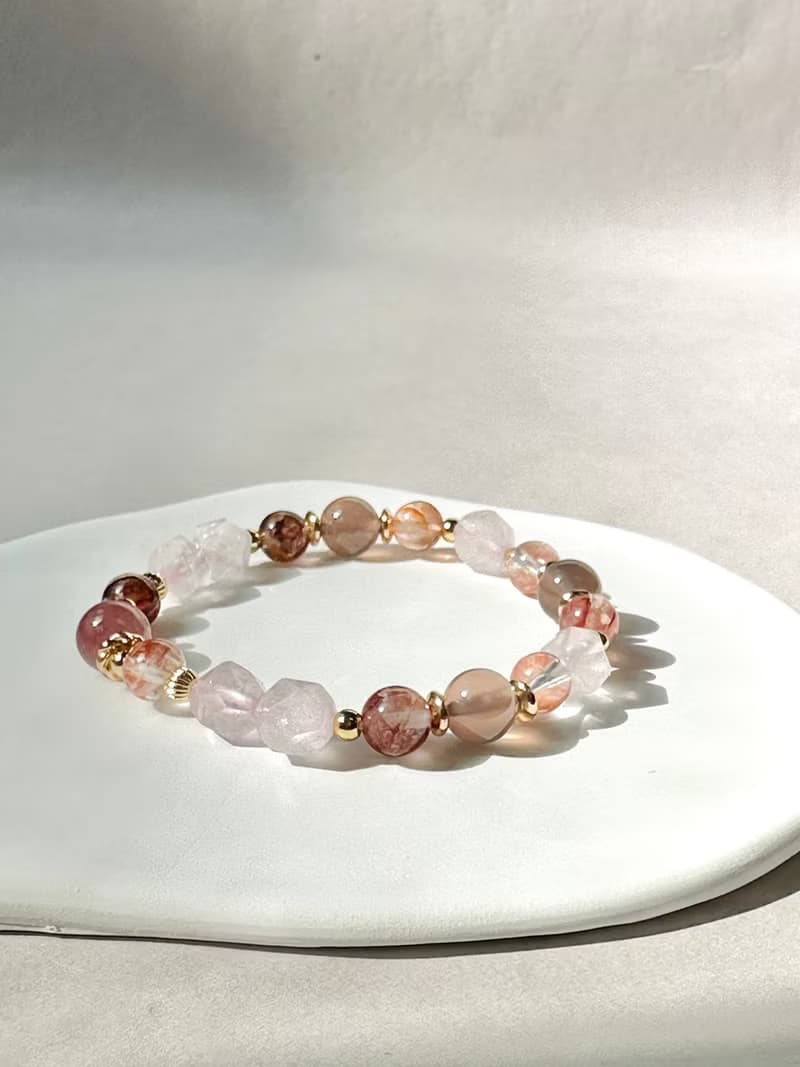 粉水晶、紅膠花、煙紫瑪瑙天然水晶手鍊/ 好運招財、好人緣