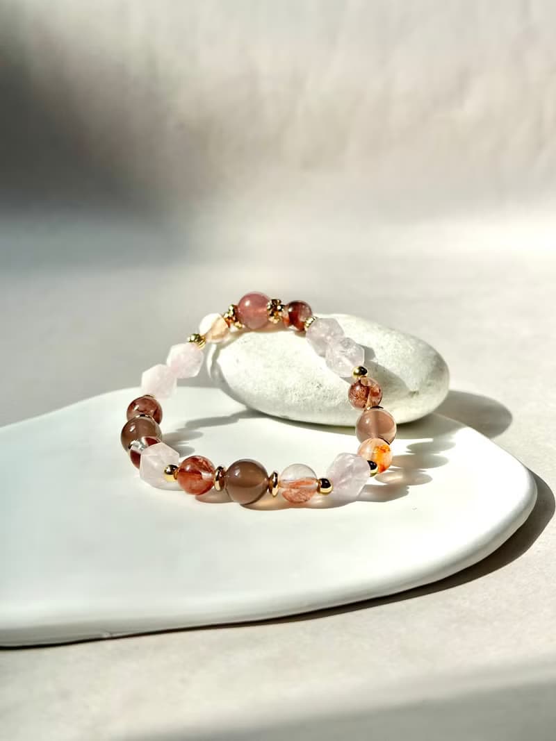 粉水晶、紅膠花、煙紫瑪瑙天然水晶手鍊/ 好運招財、好人緣