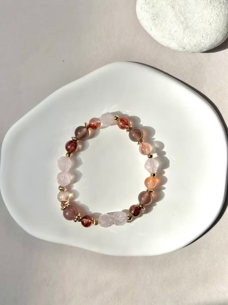 粉水晶、紅膠花、煙紫瑪瑙天然水晶手鍊/ 好運招財、好人緣