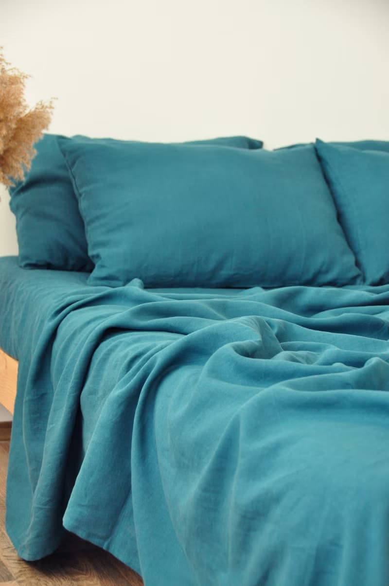 Teal linen fitted sheet / Softened linen bed sheet / Deep pocket