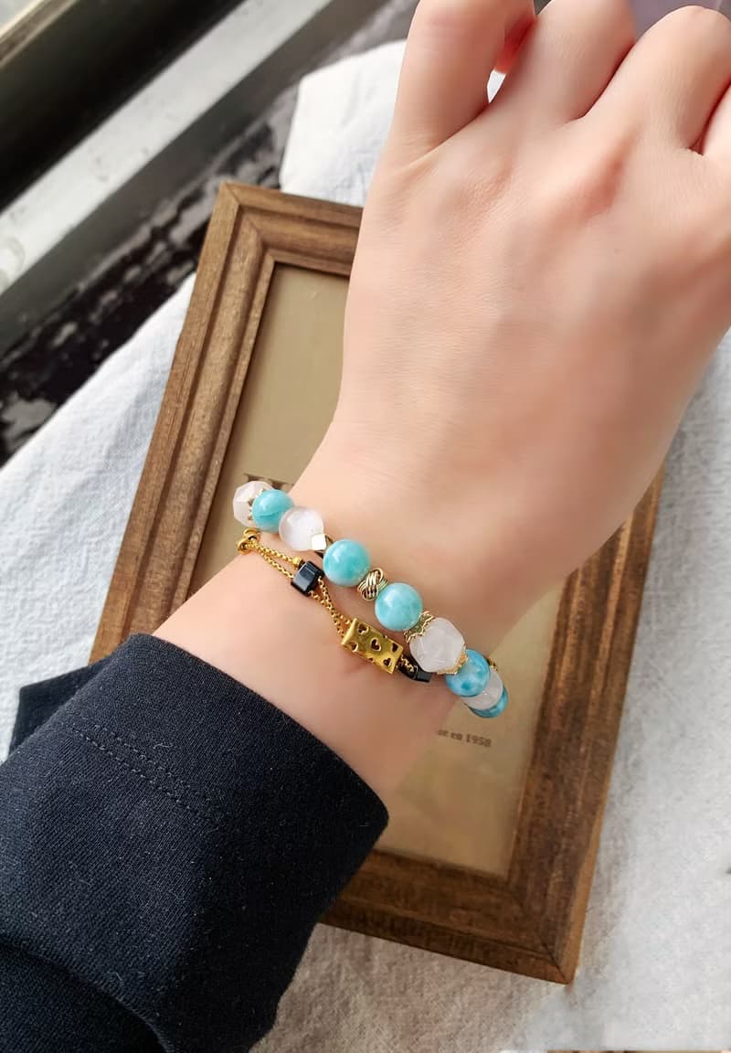 高品收藏等級拉利瑪海紋石/高品透石膏/切面白玉髓 手作設計款能