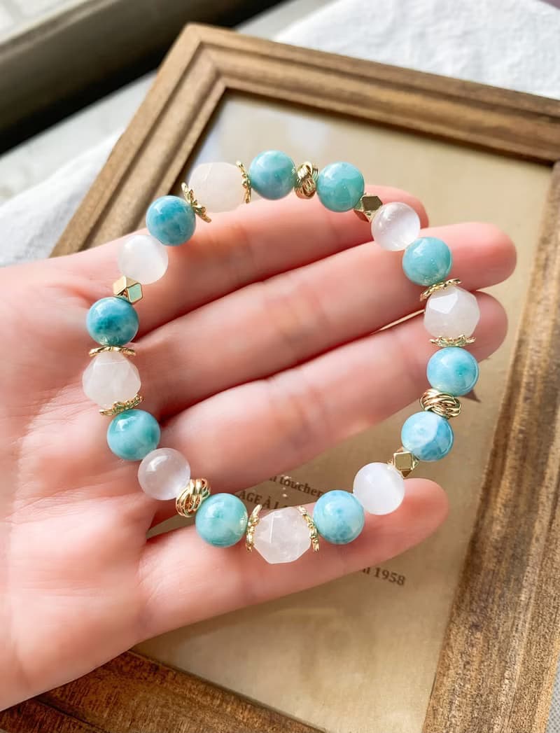 高品收藏等級拉利瑪海紋石/高品透石膏/切面白玉髓 手作設計款能