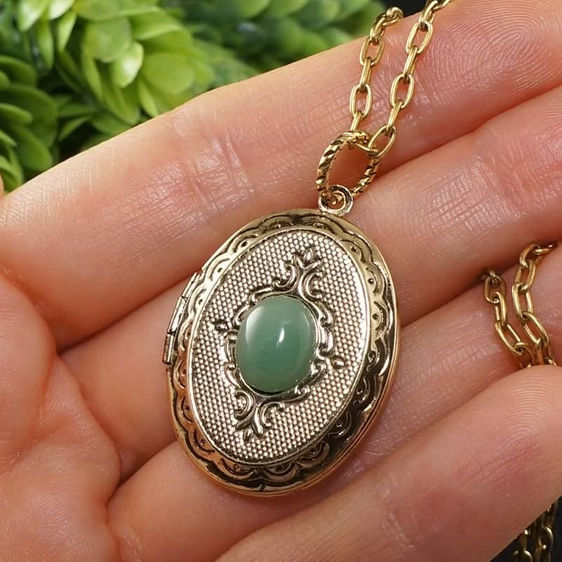Green Aventurine Oval Gold Locket Mint Sage Green Stone Pendant Necklace Jewelry