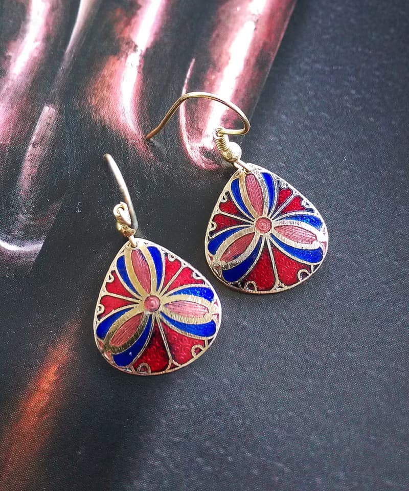 Vintage Jewelry  西洋古董飾品 景泰藍 紅底放射 耳勾 針式耳環