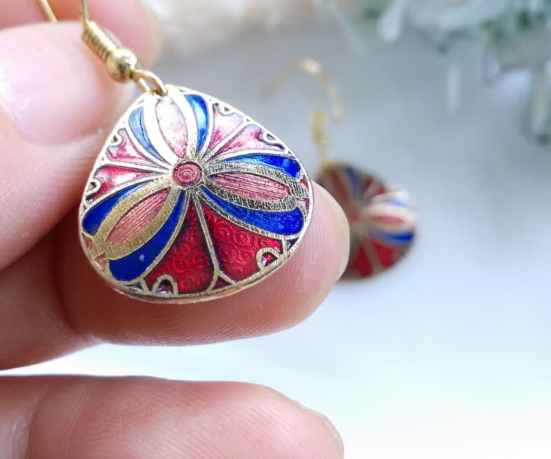 Vintage Jewelry  西洋古董飾品 景泰藍 紅底放射 耳勾 針式耳環
