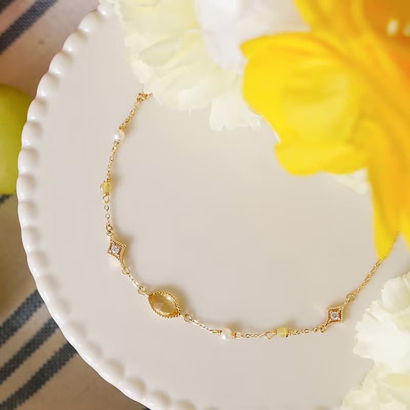 財運 x 黃水晶 珍珠 黃蛋白石 黃【公主的假日野餐。BELLE】手鍊