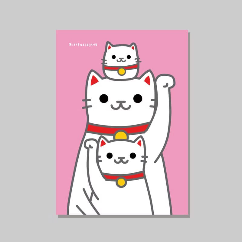 原創A3海報/三疊招財貓_達摩白貓V2/設計/貓咪/裝飾畫