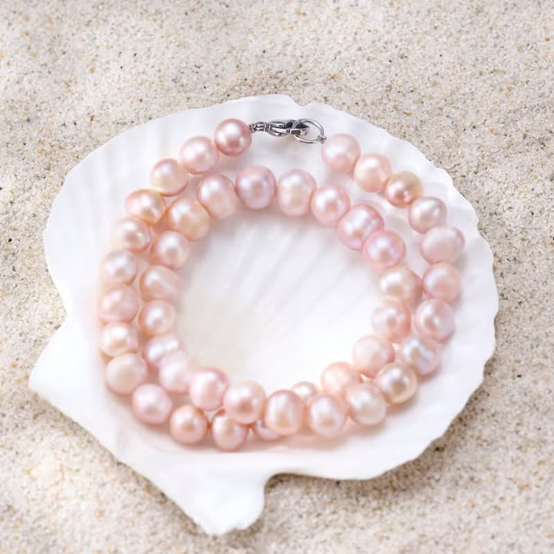 天然粉紫螺紋珍珠項鍊 10–11mm 銀色龍蝦扣 個性時尚 萬聖節禮物