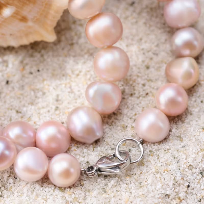 天然粉紫螺紋珍珠項鍊 10–11mm 銀色龍蝦扣 個性時尚 萬聖節禮物