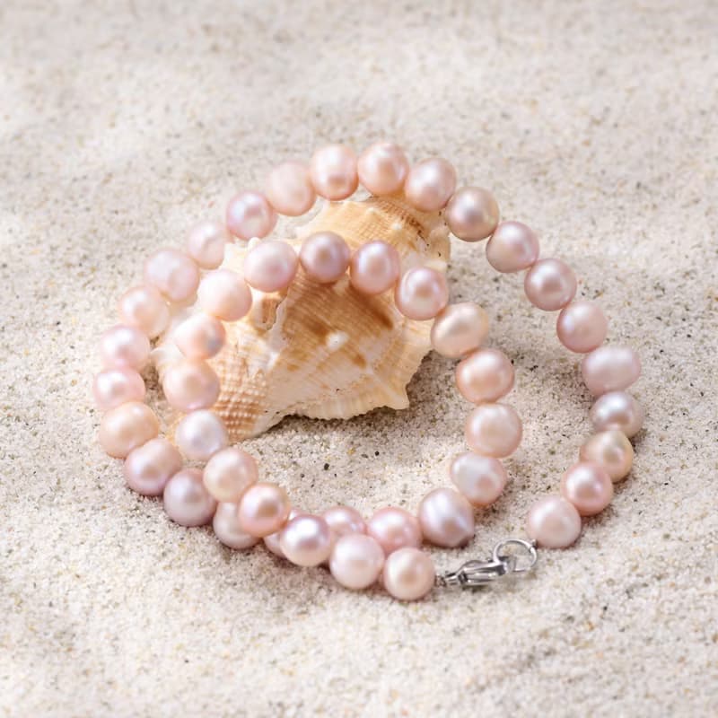 天然粉紫螺紋珍珠項鍊 10–11mm 銀色龍蝦扣 個性時尚 萬聖節禮物