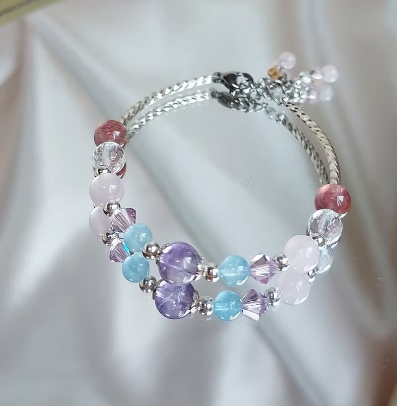 草莓晶 紫水晶 海藍寶 粉晶 白水晶 925純銀 浪漫愛情手鍊