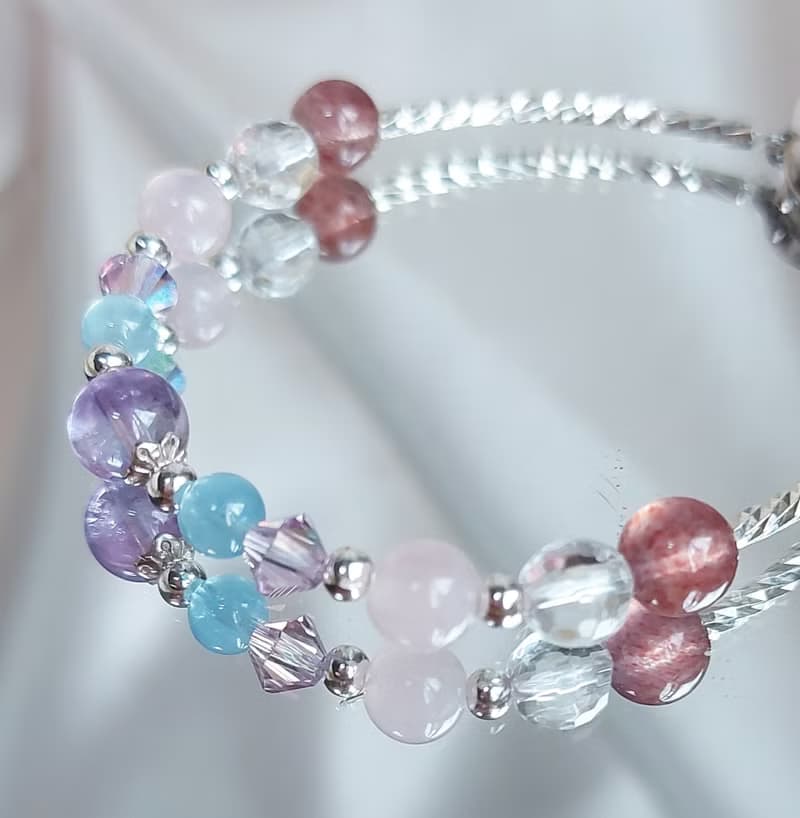 草莓晶 紫水晶 海藍寶 粉晶 白水晶 925純銀 浪漫愛情手鍊