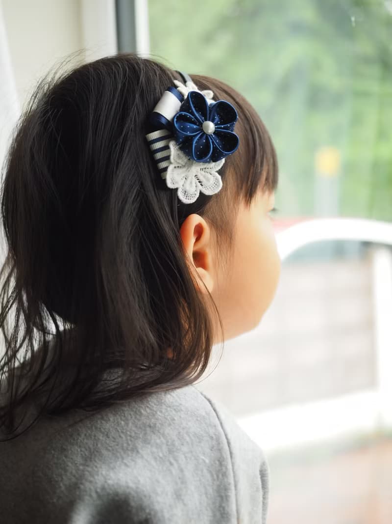 深藍絲帶花嬰兒女童頭飾髮帶 媽媽髮箍 百日宴彌月拍攝