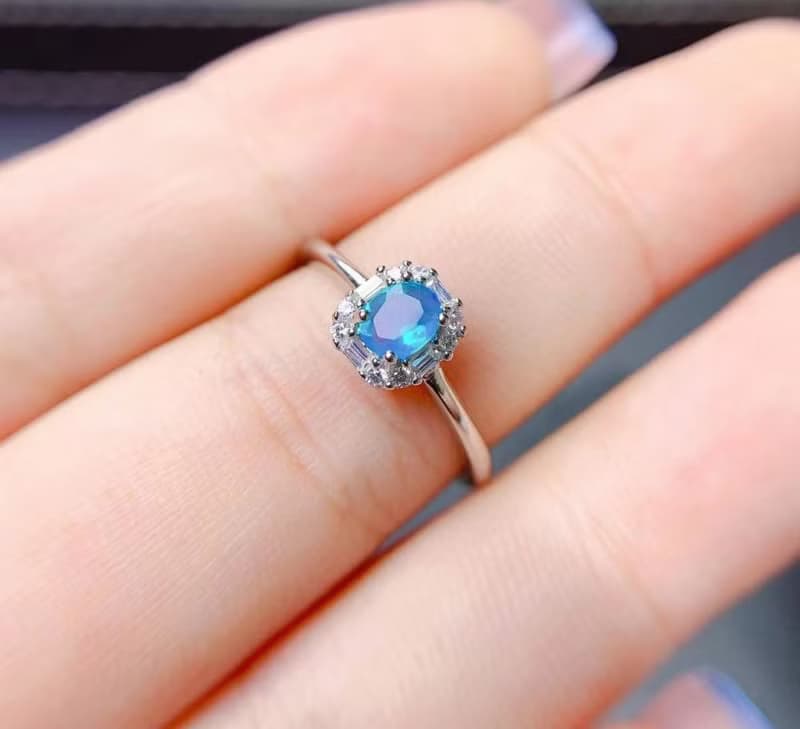 Blue Opal Ring, Blue Opal Silver Ring, Natural Opal Gemstone, Opal Jewelry