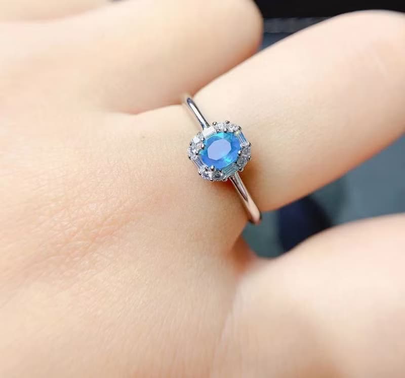 Blue Opal Ring, Blue Opal Silver Ring, Natural Opal Gemstone, Opal Jewelry