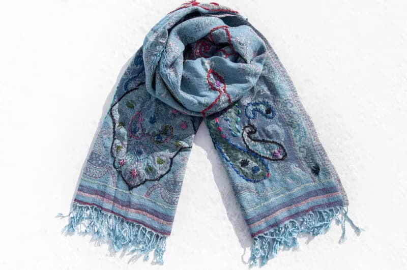 手織圍巾 刺繡羊毛披肩/針織圍巾/刺繡圍巾/羊絨披巾/喀什米爾Cashmere 聖誕節禮物 交換禮物 母親節 父親節-花