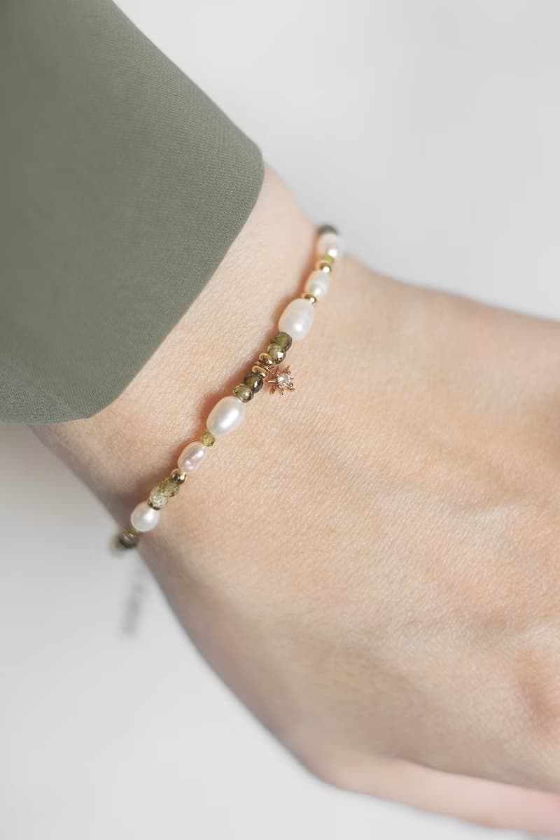 Pearl star necklace, Pearly gold green jewelry, Golden chocker with bracelet