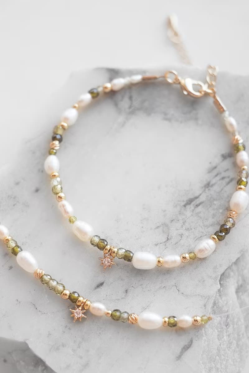 Pearl star necklace, Pearly gold green jewelry, Golden chocker with bracelet
