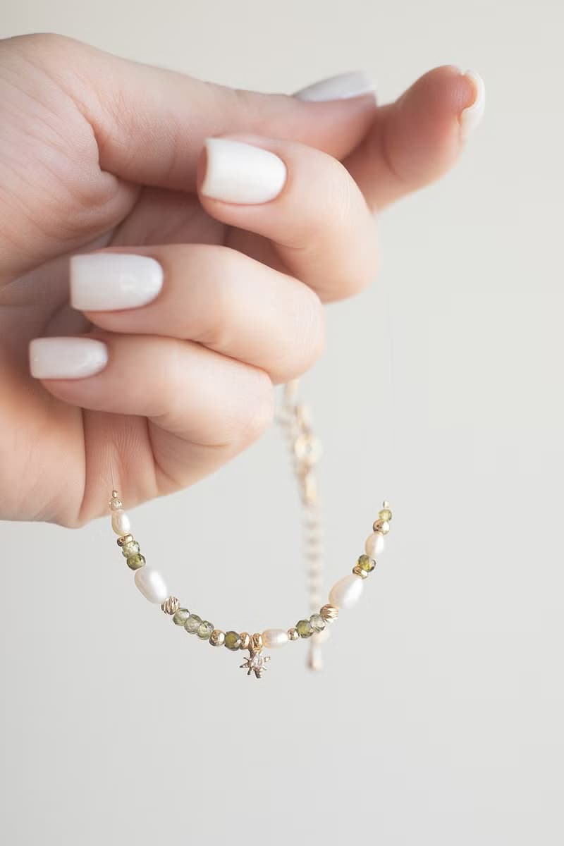 Pearl star necklace, Pearly gold green jewelry, Golden chocker with bracelet