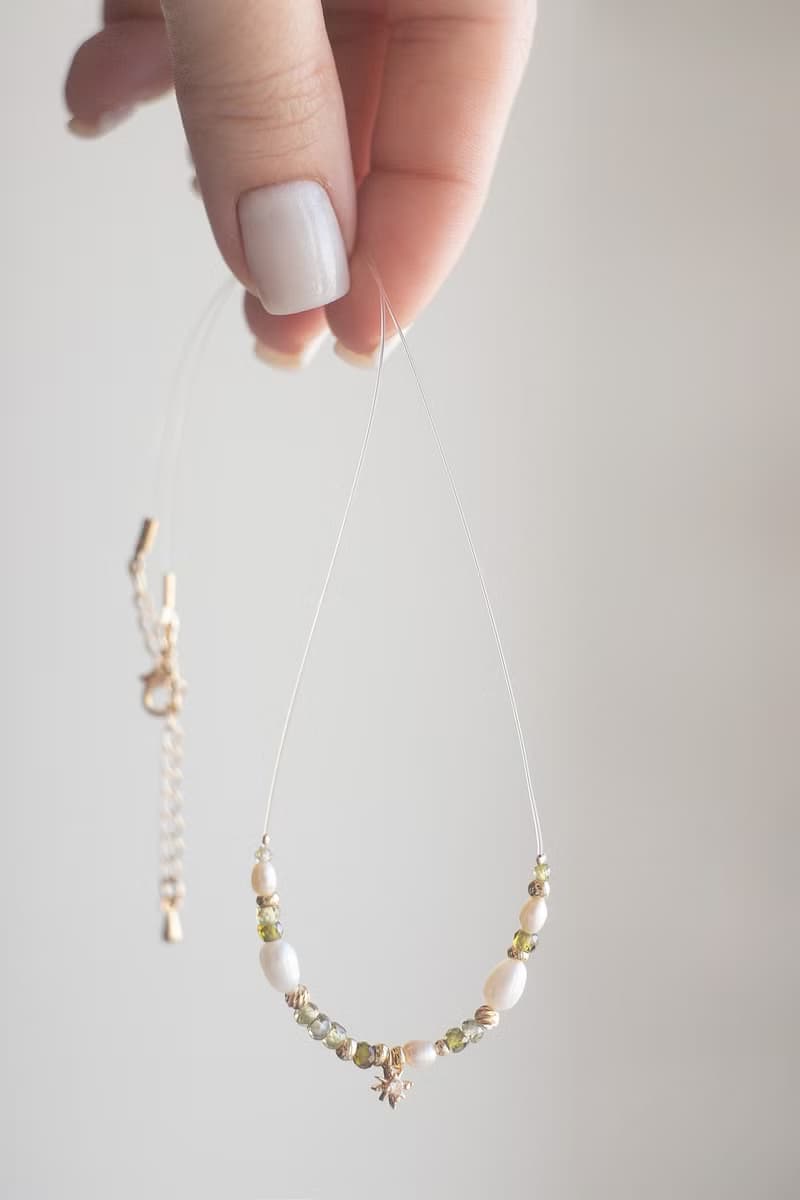 Pearl star necklace, Pearly gold green jewelry, Golden chocker with bracelet