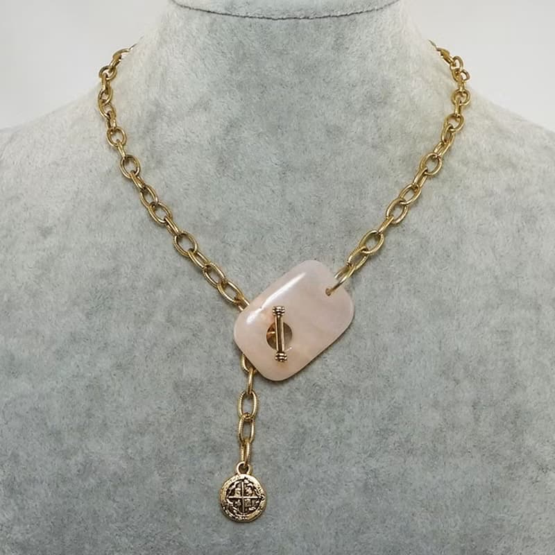 Pink Chalcedony Gold Coin Charm Golden Chain Choker Toggle Necklace Jewelry Gift