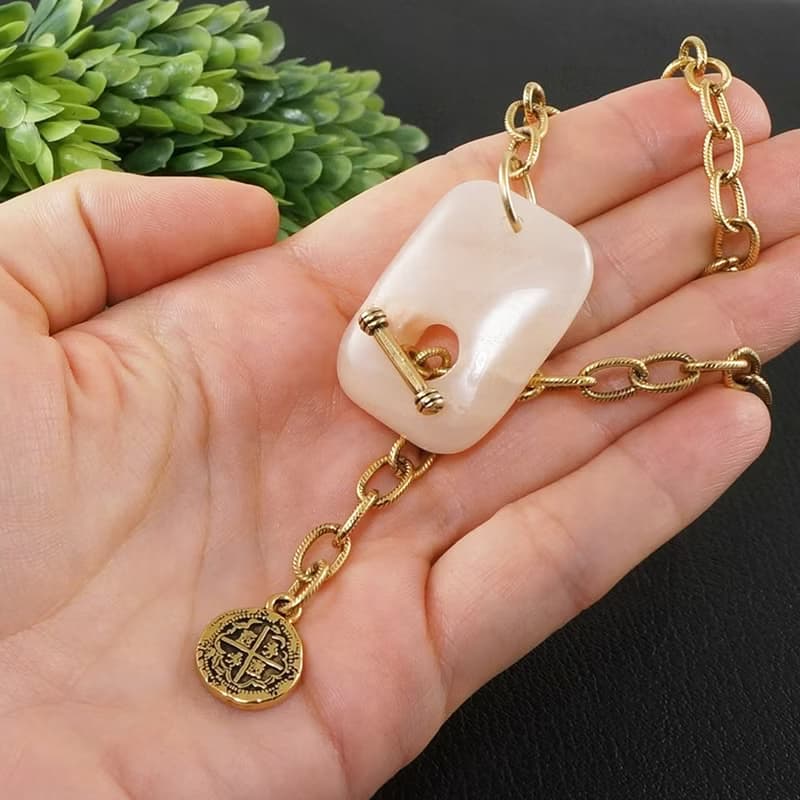 Pink Chalcedony Gold Coin Charm Golden Chain Choker Toggle Necklace Jewelry Gift